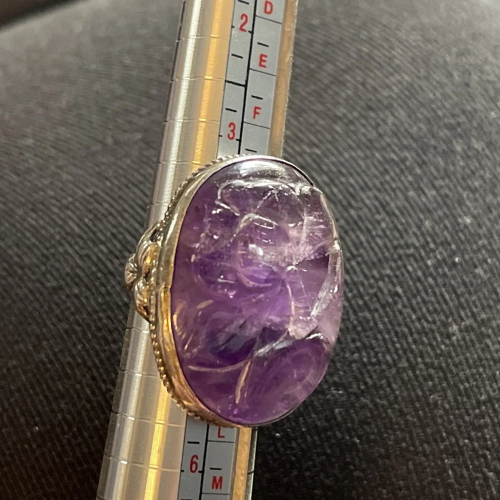 Vintage Hand Carved Amethyst Art Nouveau Silver Flower Ring Sterling 4.5